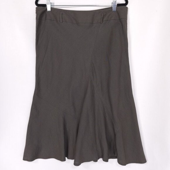 SANDRO Sportswear Women's Size 14 Olive Brown Skirt Flared LINEN Blend Midi - Picture 1 of 10